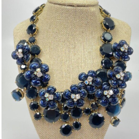 J. Crew Midnight Floral Navy Statement Necklace Crystal Jeweled Bling - Picture 1 of 17